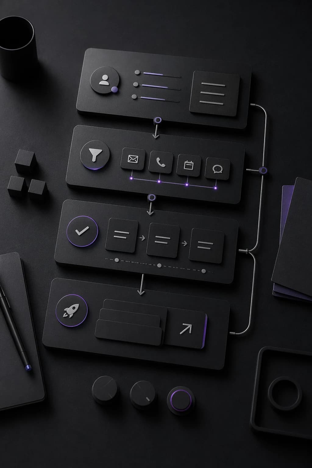 Structured conversion workflow board on a dark studio surface