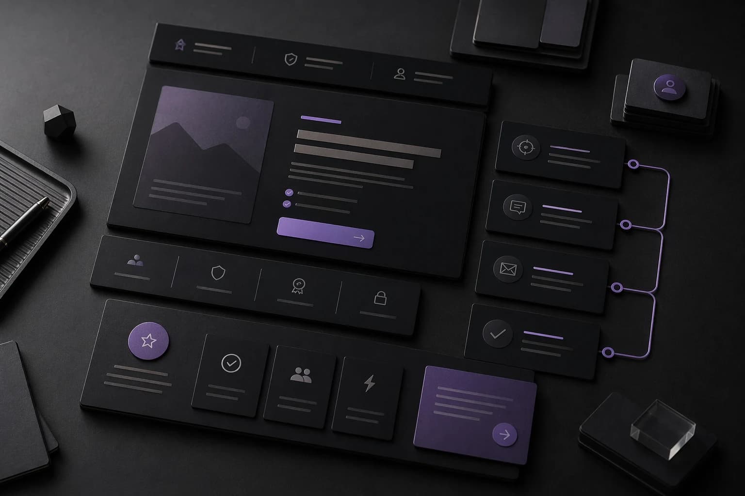 Layered conversion architecture cards on a dark surface